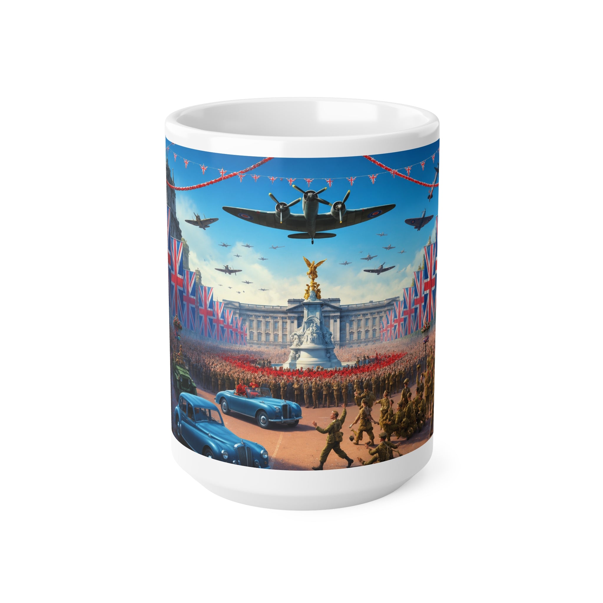 Union Jack Victory Parade Mug — Buckingham Palace Vintage WWII Commemorative Coffee Cup (11oz/15oz)
