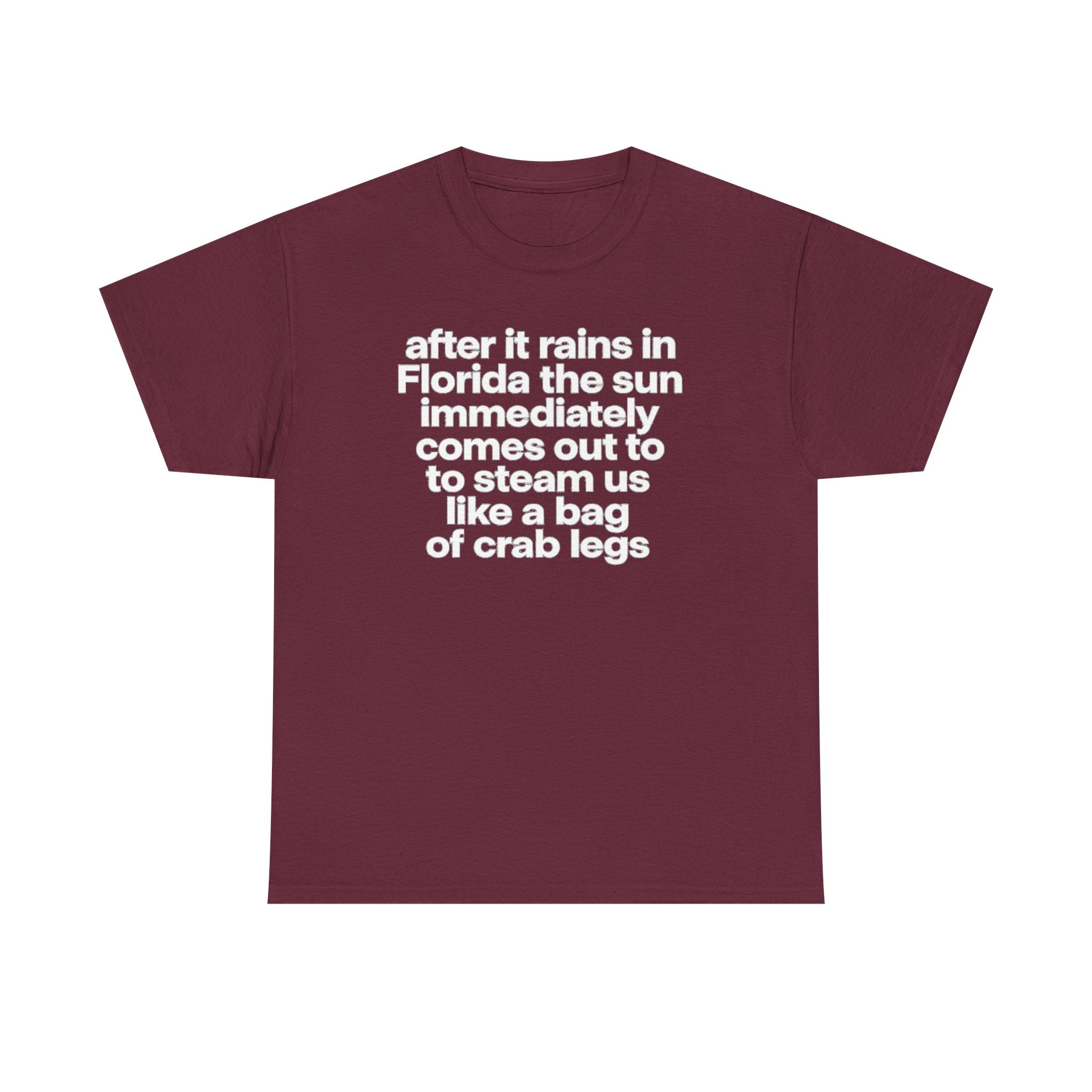 T-Shirt — "after it rains in Florida the sun immediately comes out to steam us like a bag of crab legs" Funny Florida Weather Tee