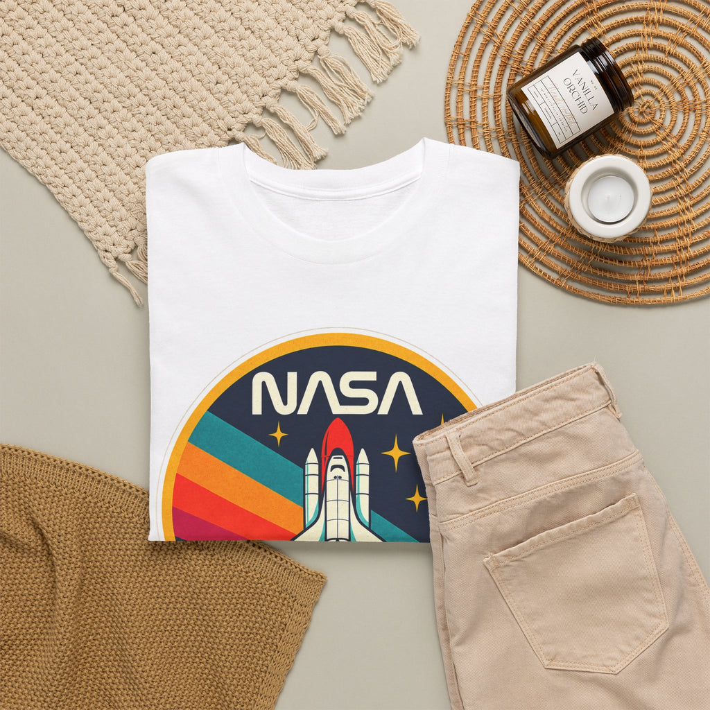 NASA Retro Rocket T‑Shirt — Vintage Space Shuttle Tee with Rainbow Trail