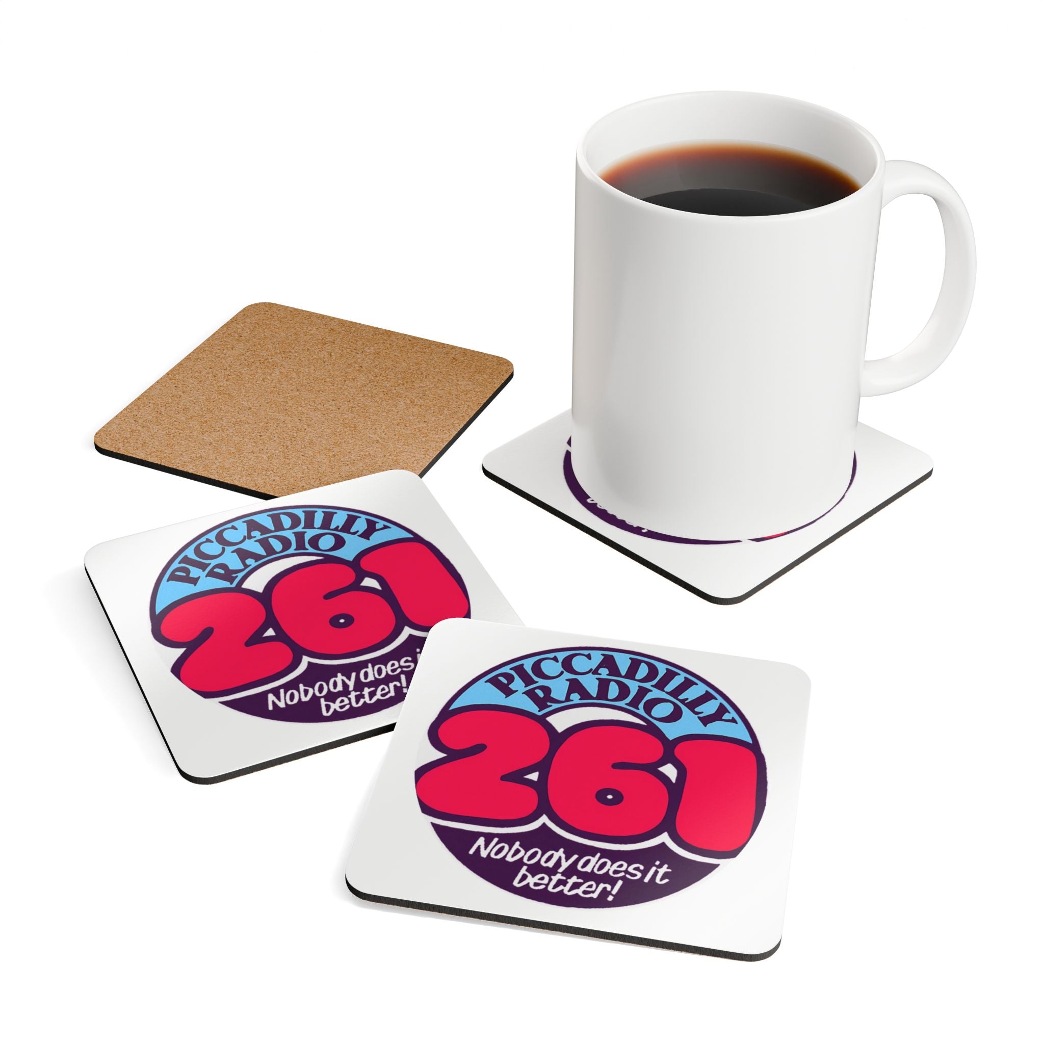 Retro 'Piccadilly Radio 261' Cork Coaster Set – Vintage 70s Radio Logo Drink Coasters