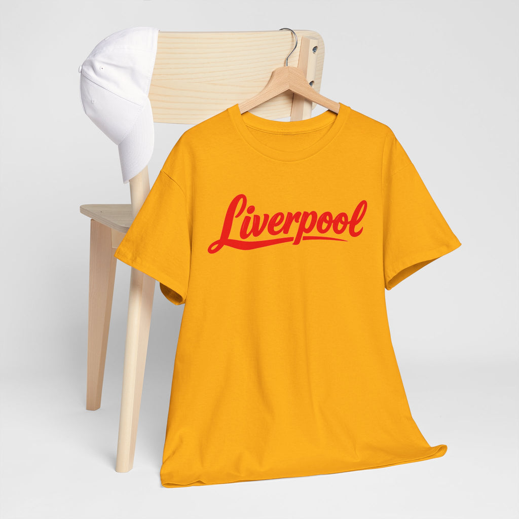 Liverpool Script T-Shirt — Retro Red Logo Tee for Fans
