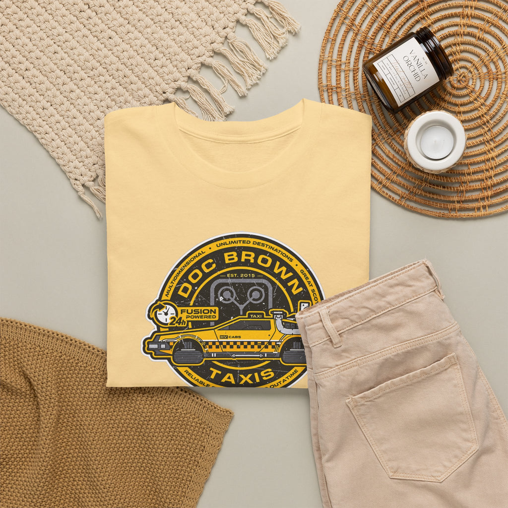 Vintage Taxi Badge T-Shirt — 'Doc Brown Taxis' Retro Cab Logo Tee