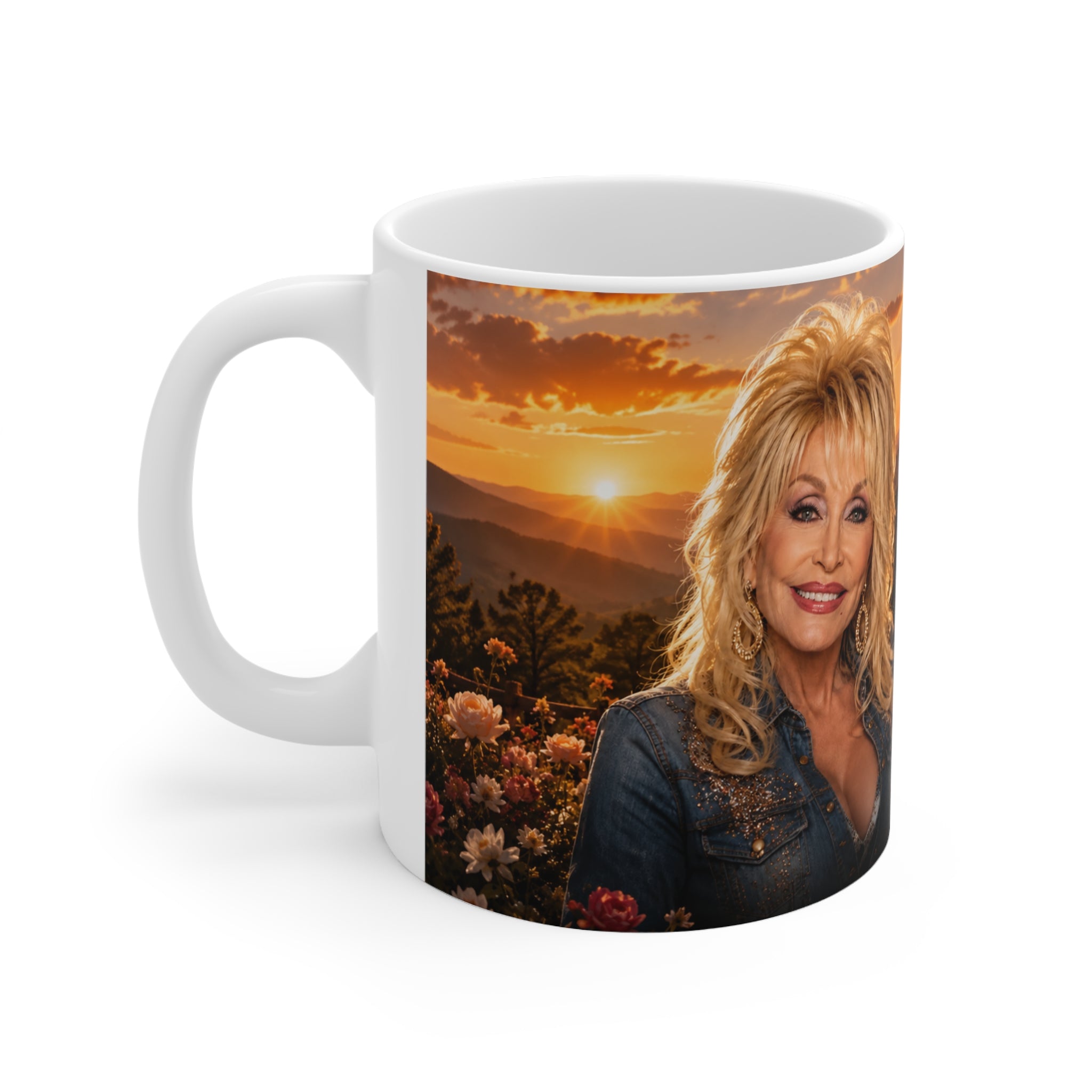 Dolly Parton Memorial Sunset Portrait Mug — Inspirational Tribute Ceramic Coffee Cup