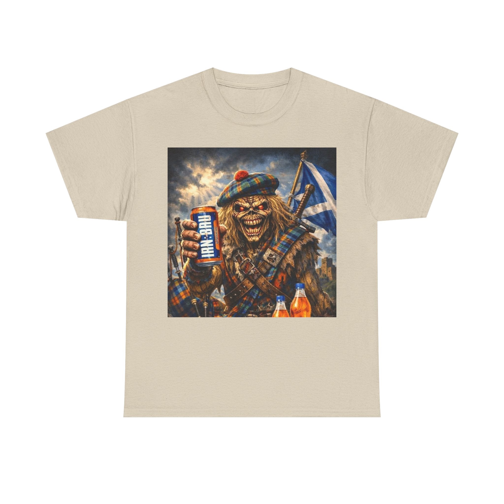 Scottish Rock Skull T‑Shirt — Eddie the Piper with Flag & Can Graphic Tee