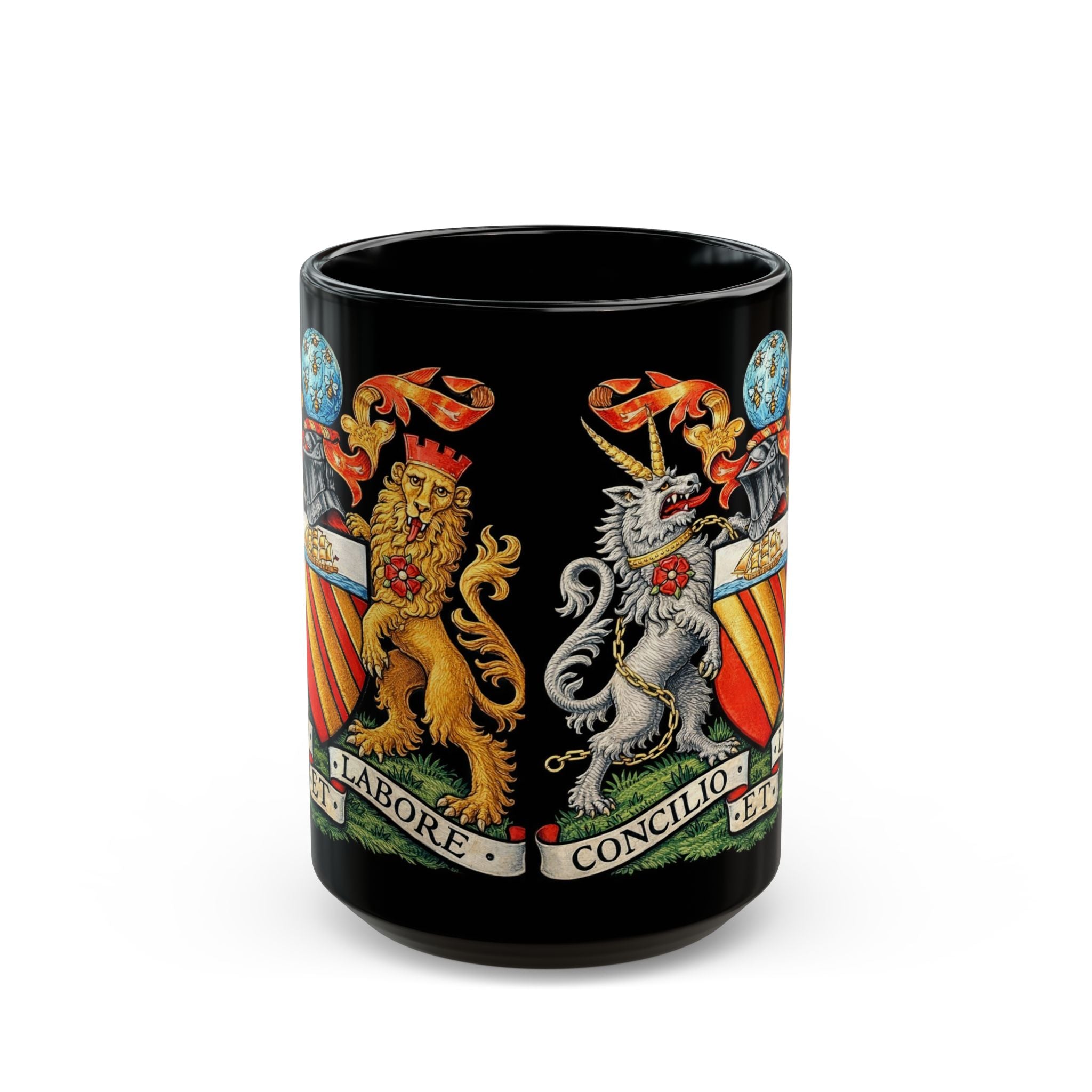 Manchester Coat of Arms Crest Mug — 'Concilio et Labore' Black Coffee Cup