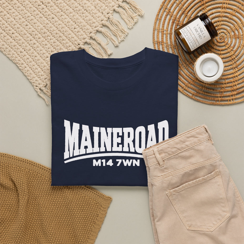 Maine Road Manchester City Cotton T-Shirt — M14 7WN Maine Graphic T-Shirt