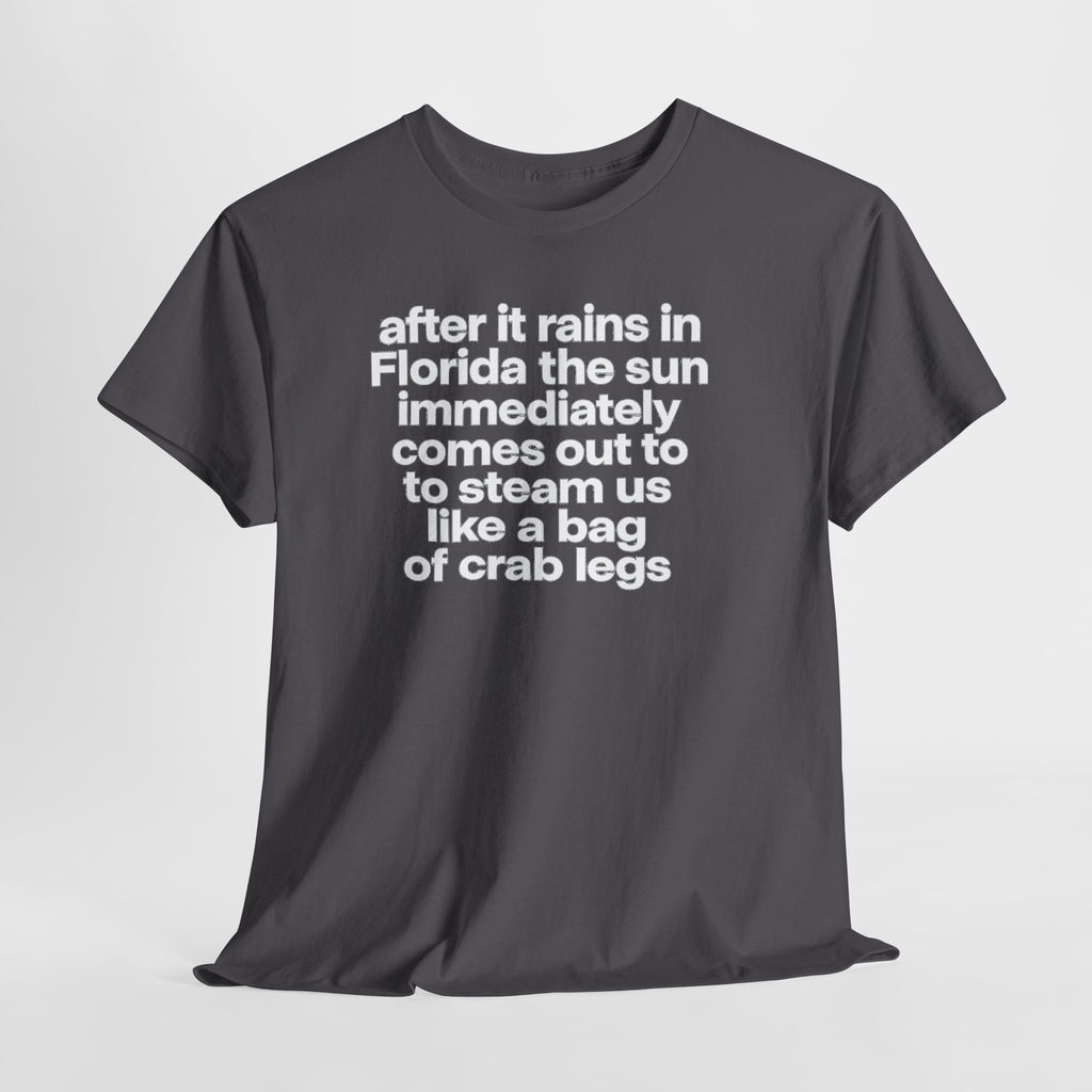 T-Shirt — "after it rains in Florida the sun immediately comes out to steam us like a bag of crab legs" Funny Florida Weather Tee