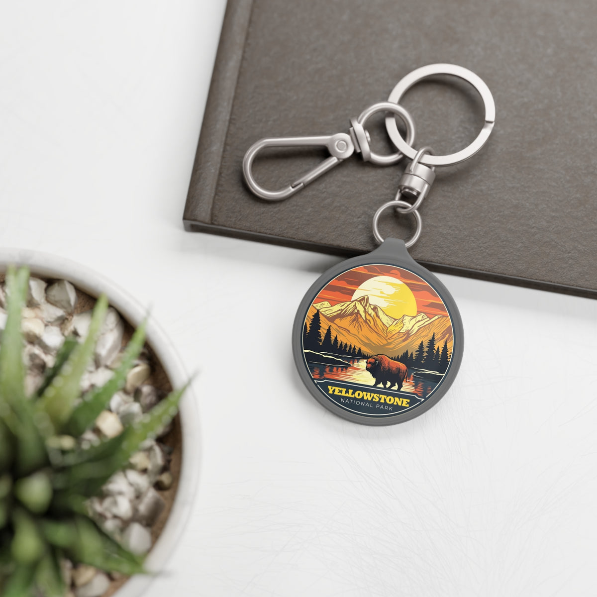 Yellowstone National Park Keyring Tag — Retro Mountain & Bison Souvenir