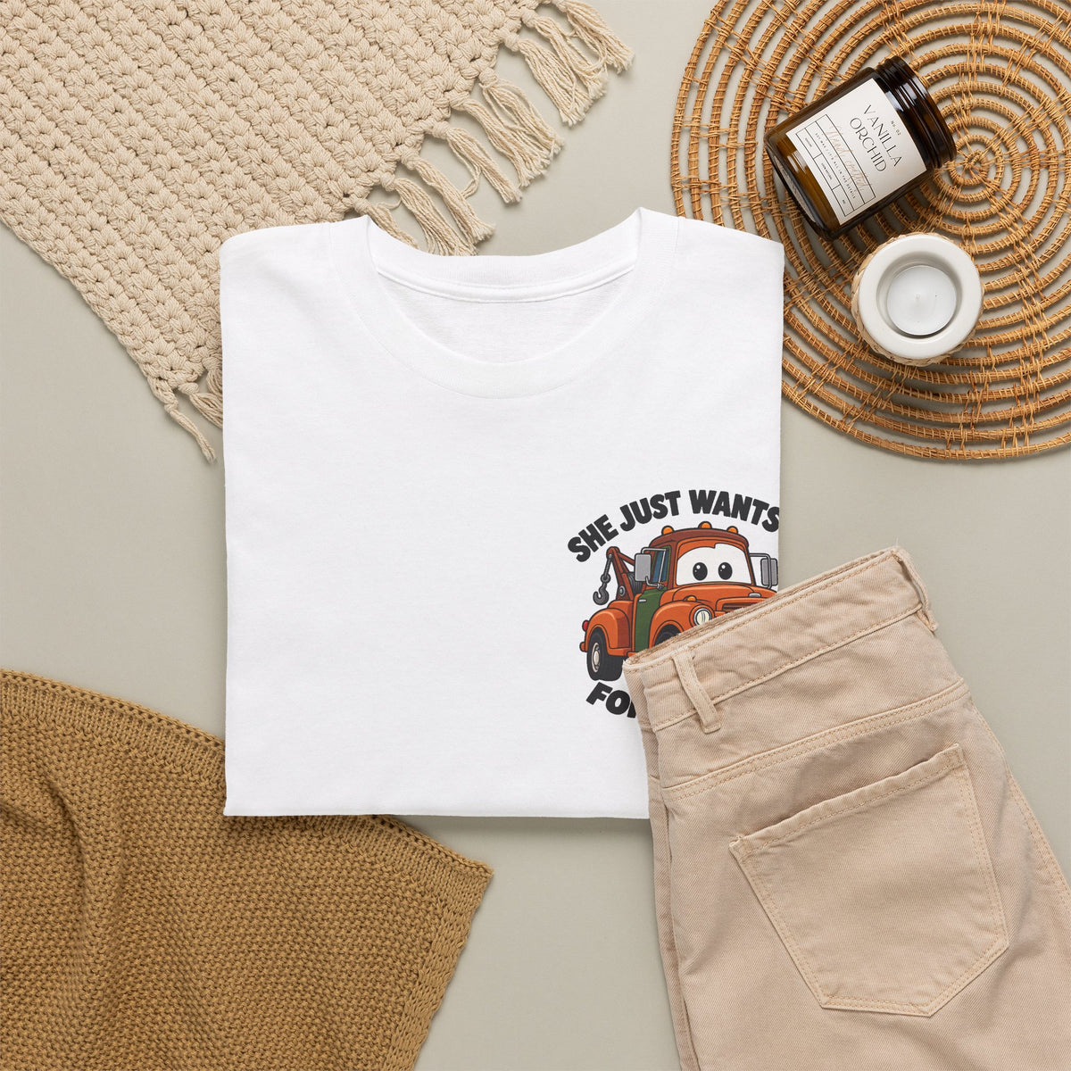 T-Shirt — "She Just Wants Me For My Body" Cute Tow Truck Graphic Tee