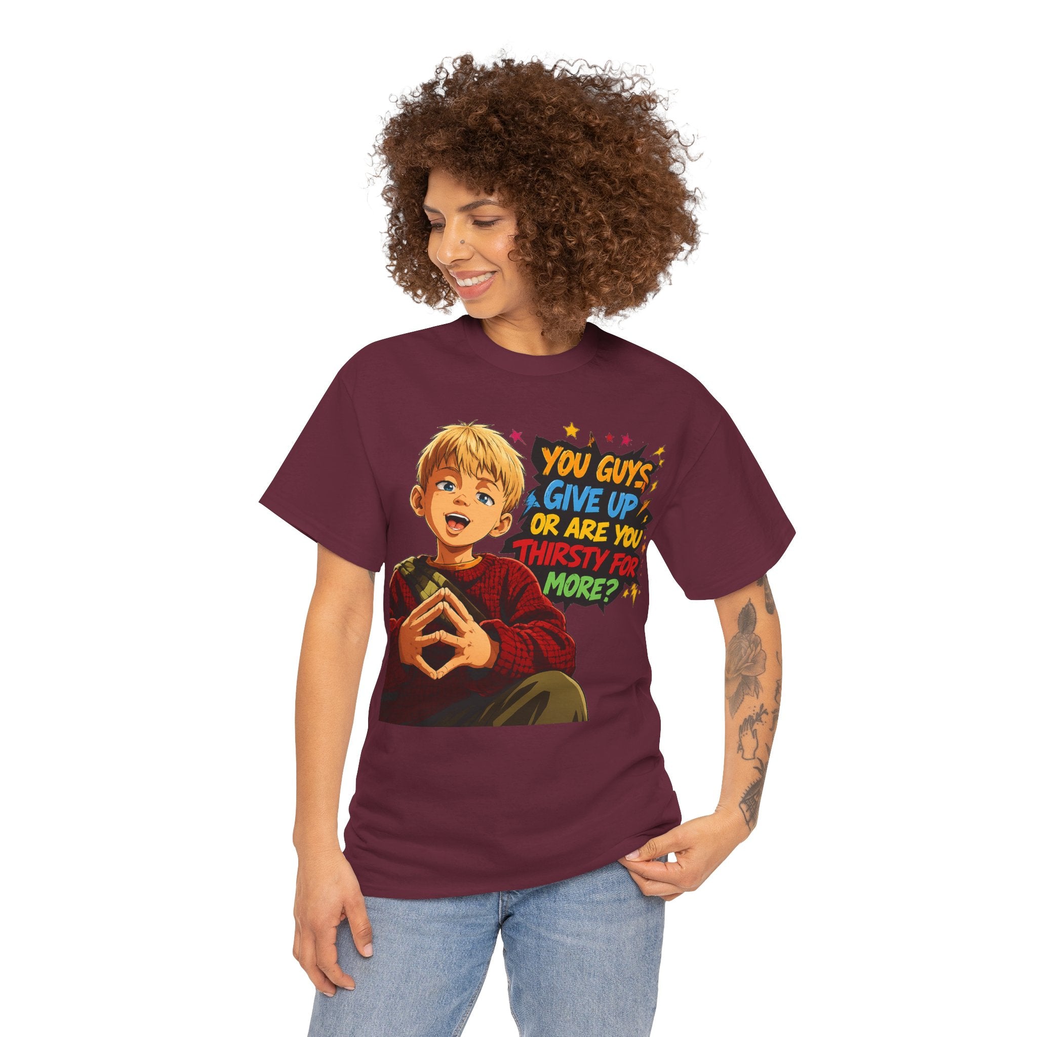 Home Alone Inspired Graphic Tee — 'You Guys Give Up or Are You Thirsty for More?' Nostalgic Comic Boy T-Shirt