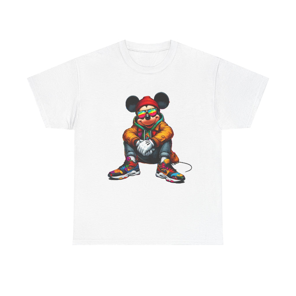 Mickey Mouse Streetwear Graphic Tee — Hip-Hop Mouse Character Sitting in Sneakers