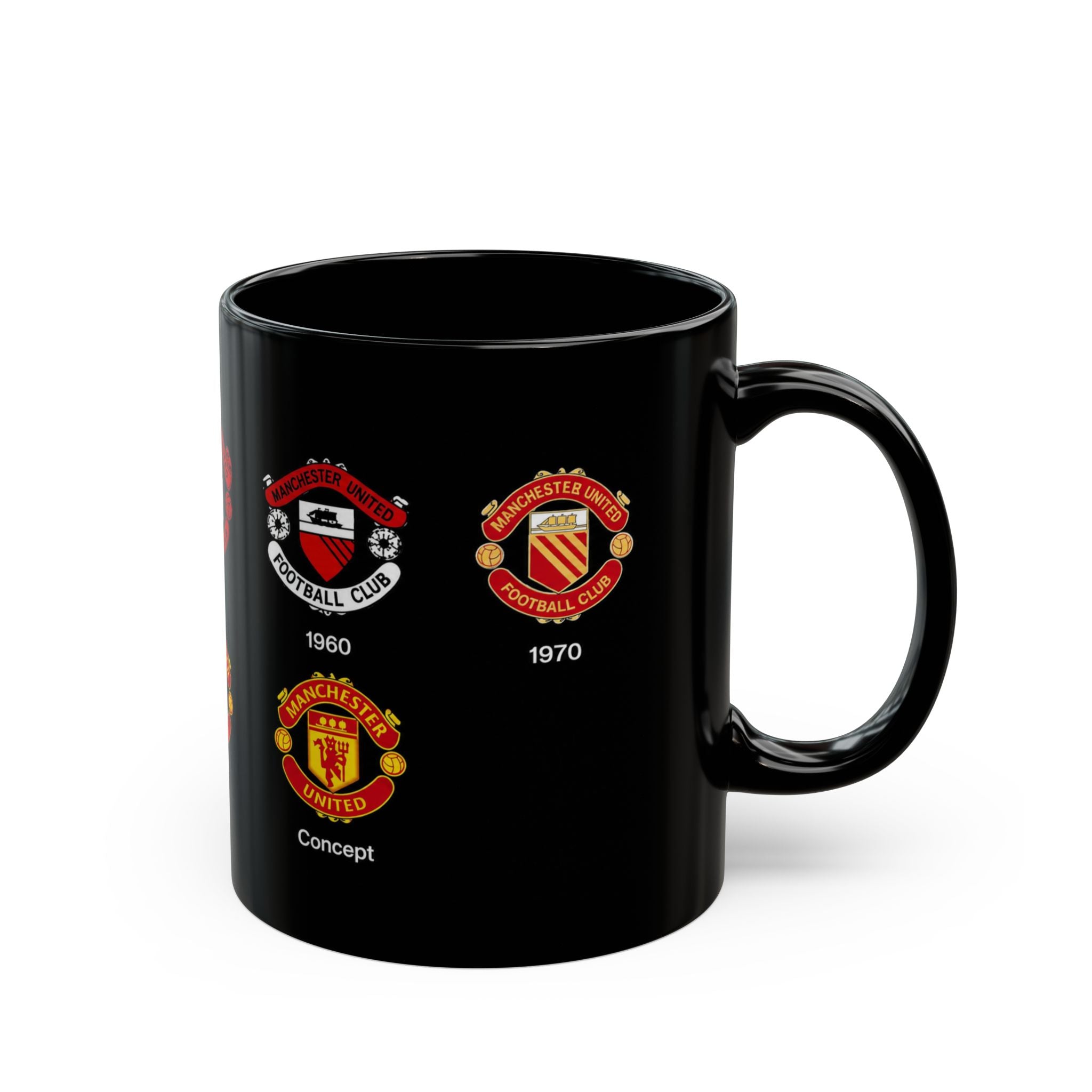 Manchester United History Logo Mug — Vintage Crest Timeline Coffee Cup (11oz/15oz)