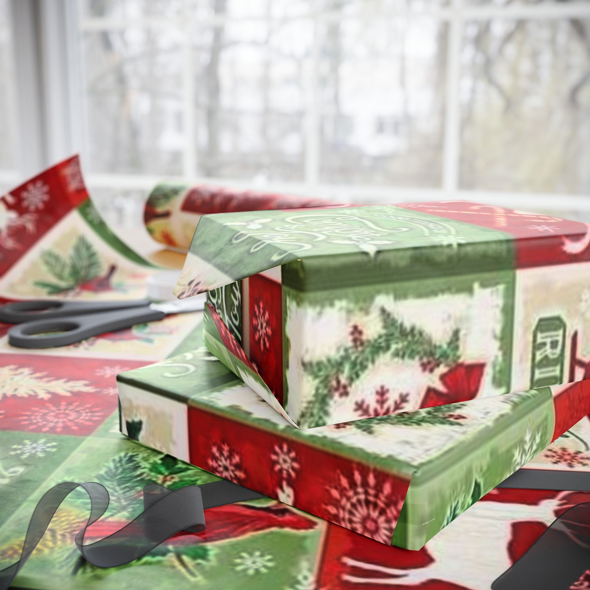 Christmas Patchwork Wrapping Paper Roll — Joy & Peace Holiday Gift Wrap