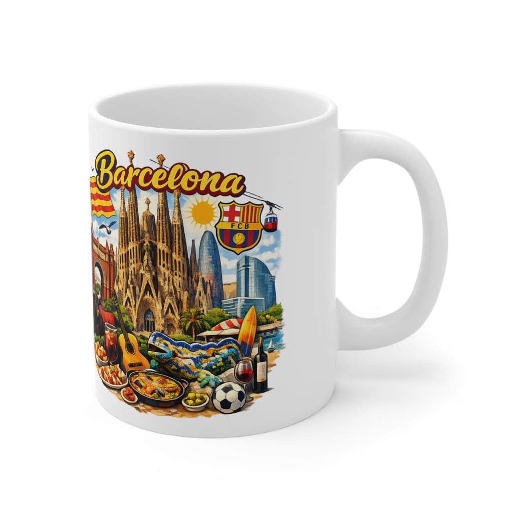 Barcelona Souvenir Mug — Ceramic Coffee Cup 11oz/15oz with Sagrada Familia, Paella & Flag Design
