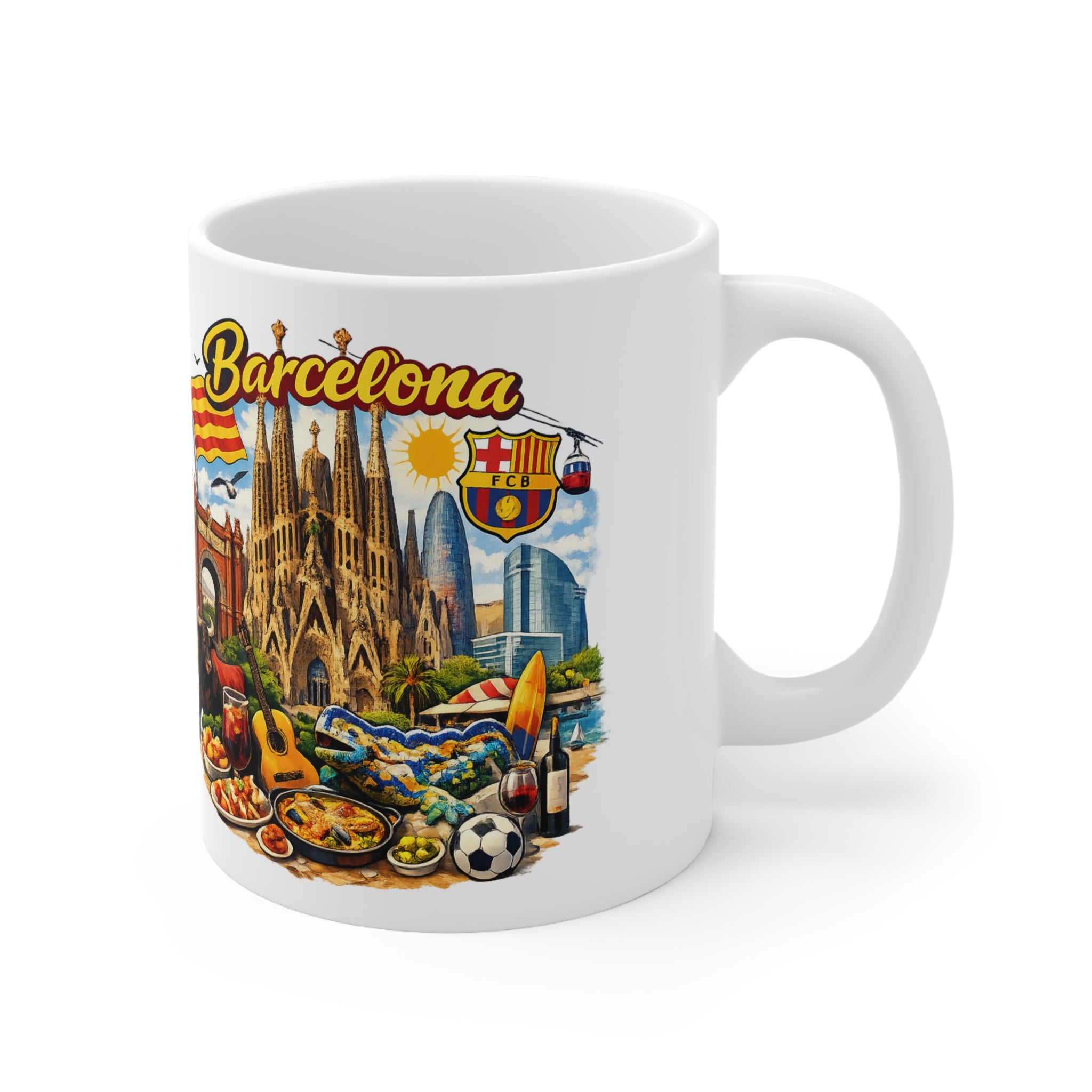 Barcelona Souvenir Mug — Ceramic Coffee Cup 11oz/15oz with Sagrada Familia, Paella & Flag Design