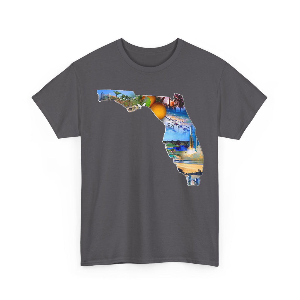 Florida State Shape T-Shirt — Scenic Beach & Sunset Map Tee