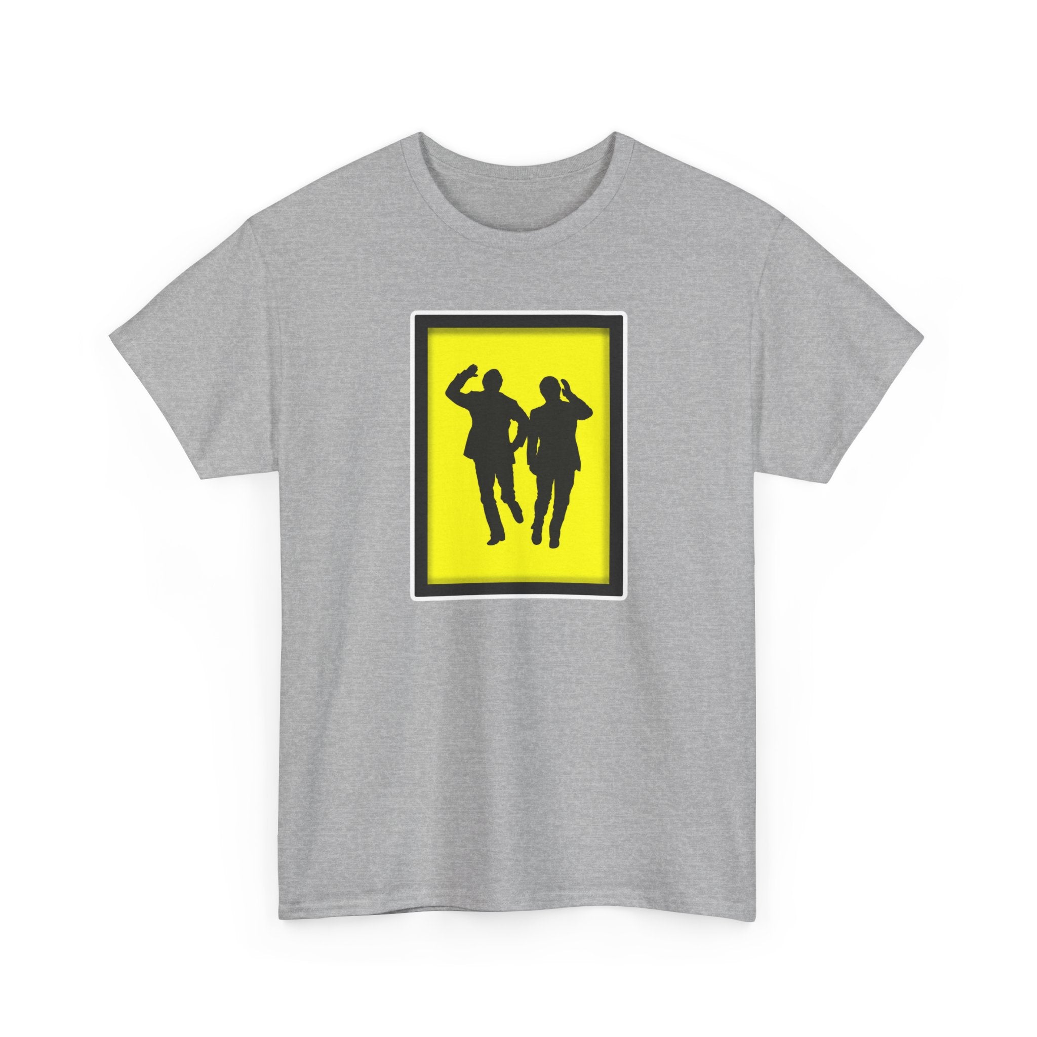 Morecambe and Wise Dancing Silhouette Tee – Retro Yellow Frame Graphic T-Shirt