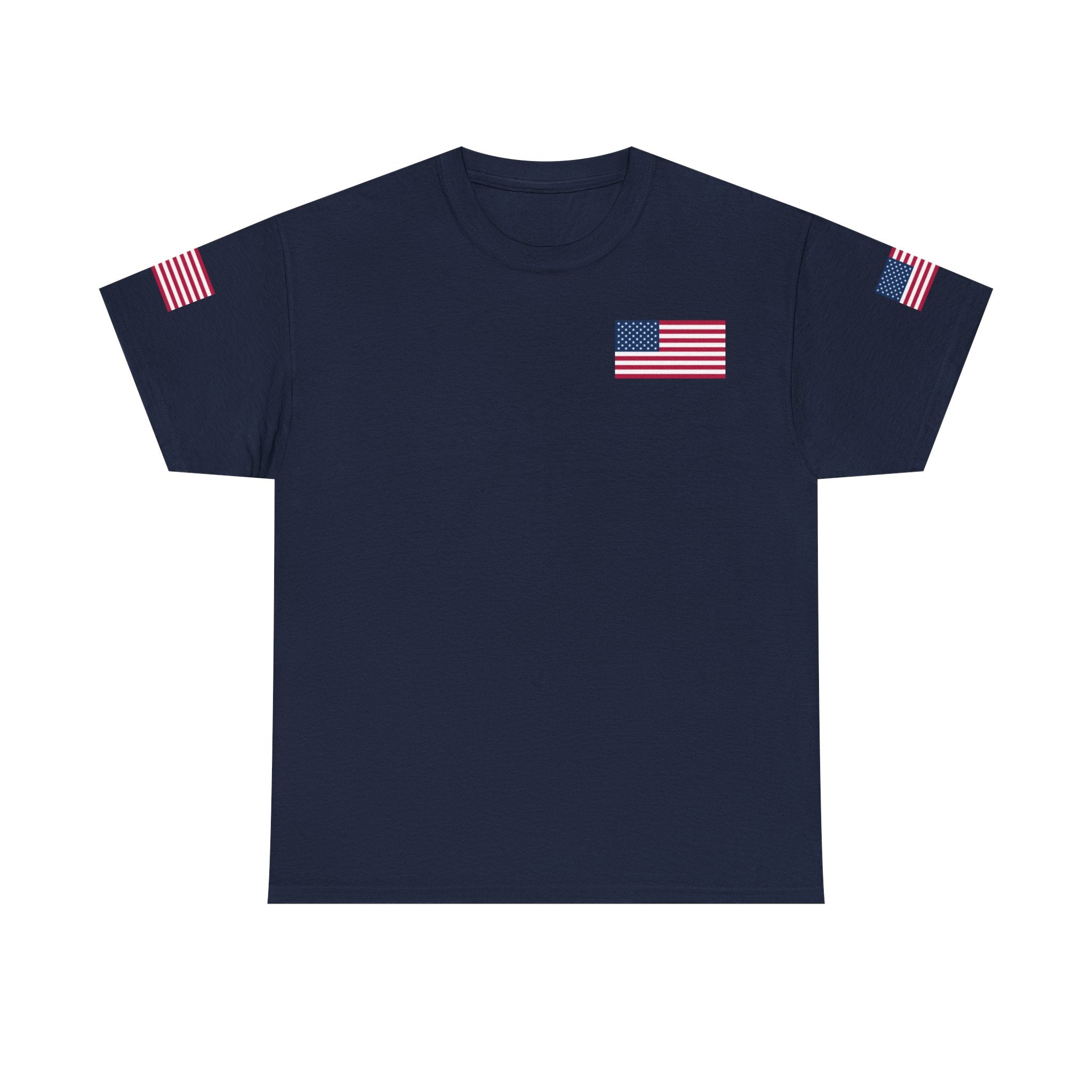 Team USA Flag T‑Shirt — Patriotic Navy Tee with Back Shield Logo