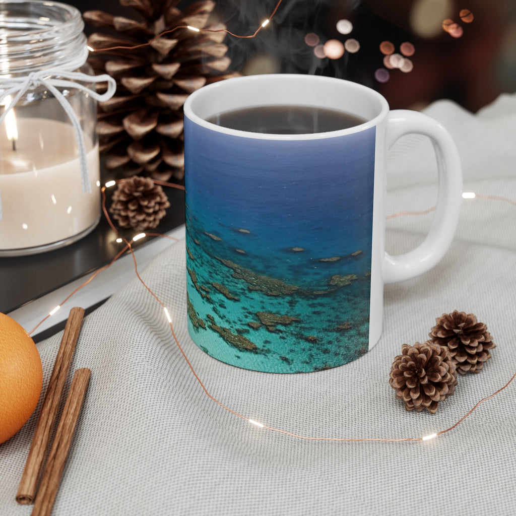 Ocean Reef Ceramic Coffee Mug — Aerial Turquoise Sea Print (11oz & 15oz)