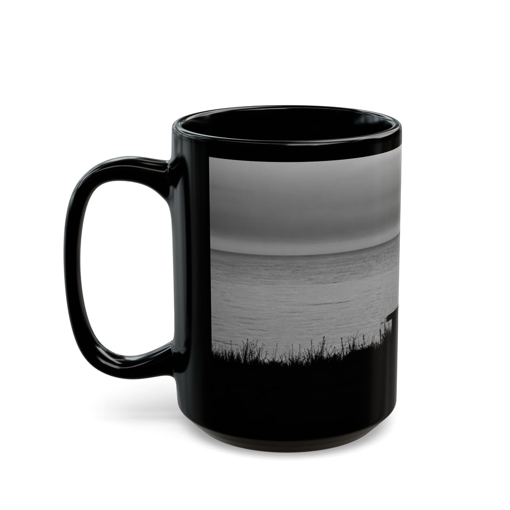 Silhouette by the Sea Black Coffee Mug — Reflective Ocean Sunset Gift (11oz, 15oz)