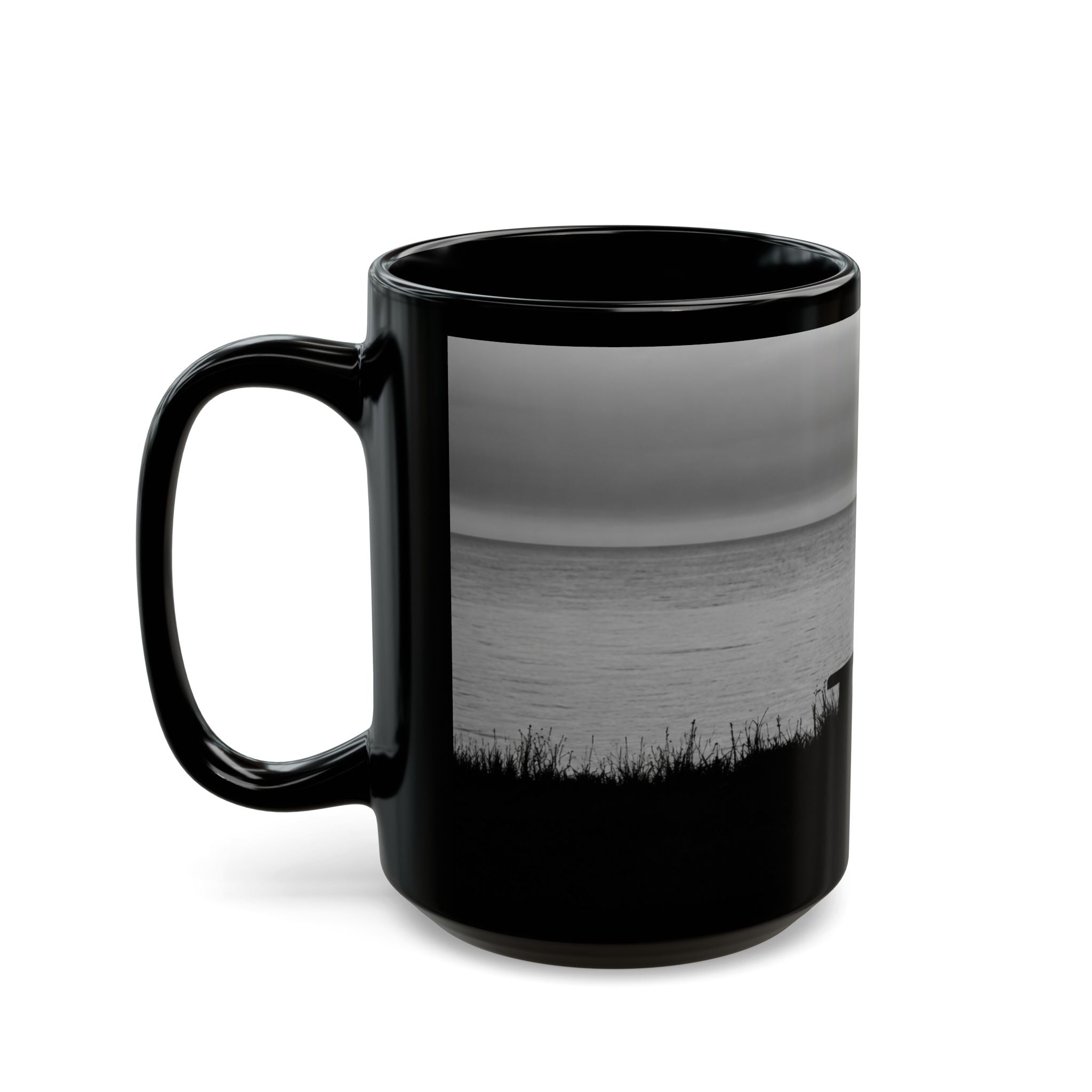 Silhouette by the Sea Black Coffee Mug — Reflective Ocean Sunset Gift (11oz, 15oz)