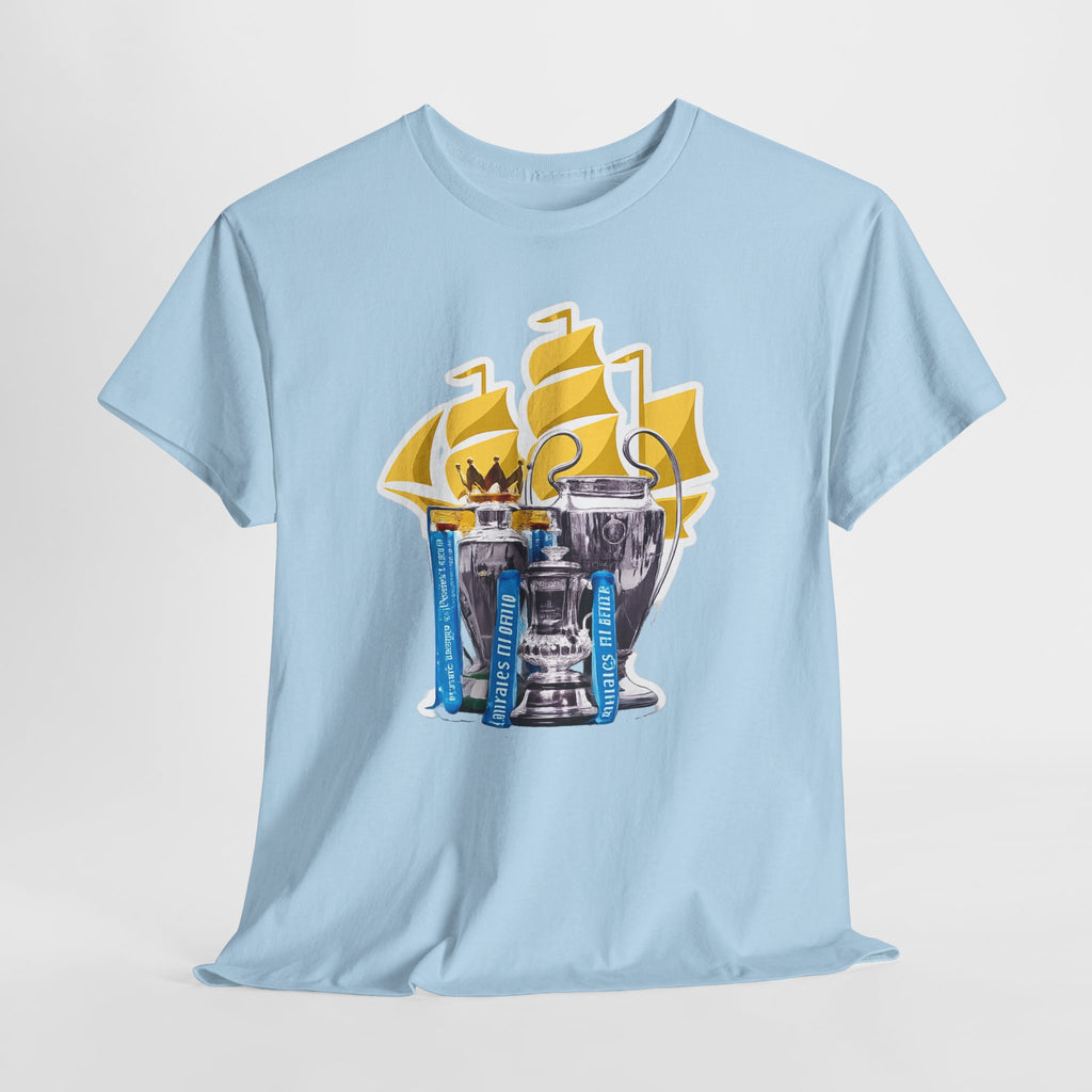 Manchester City Champions Trophy Tee – Golden Cups & Blue Scarves Football Fan Shirt