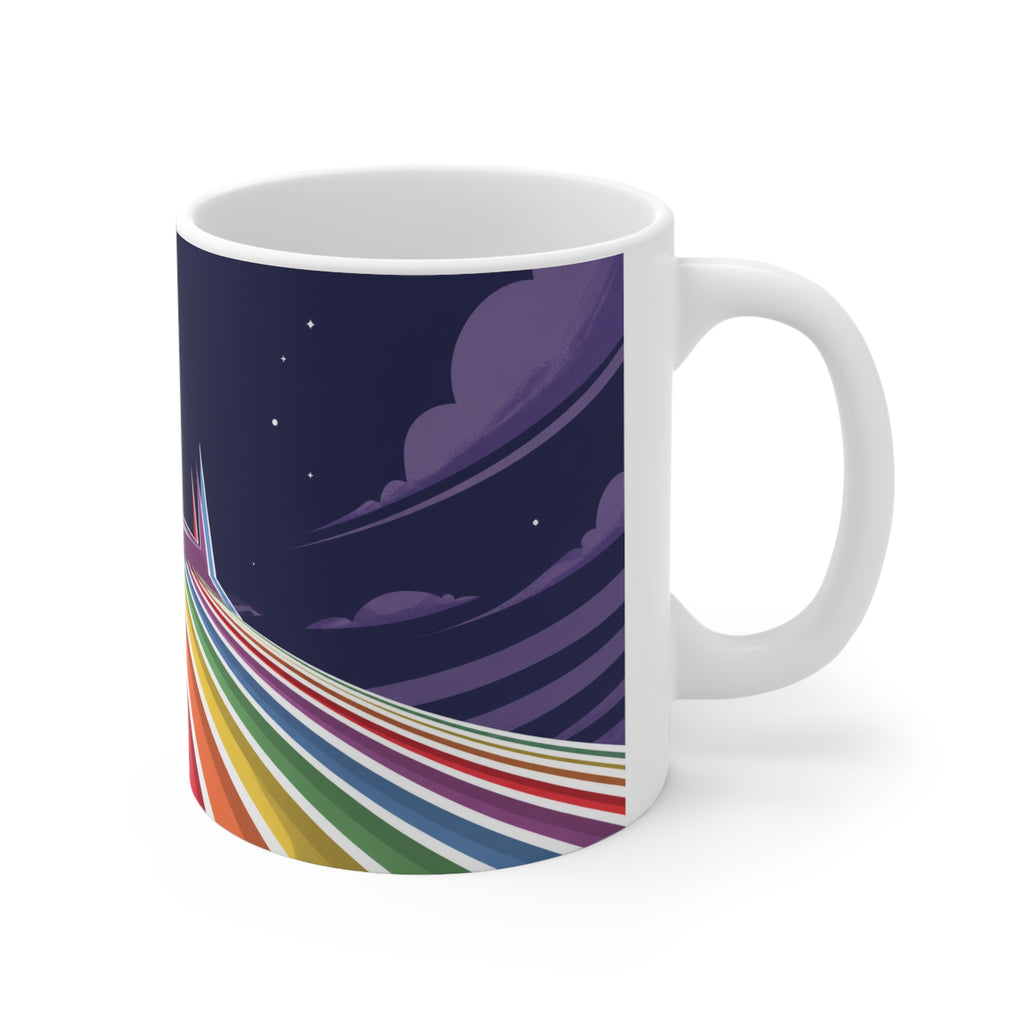 Rainbow Space Mountain Mug — Retro Rainbow Road Ceramic Coffee Cup (11oz & 15oz)