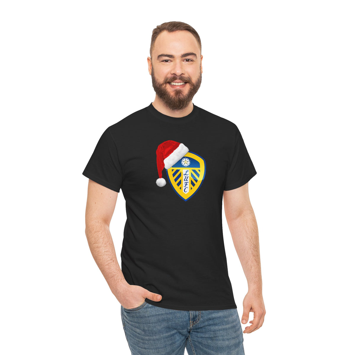 Leeds United Santa Hat Christmas Soccer Crest T‑Shirt – Festive Football Fan Tee