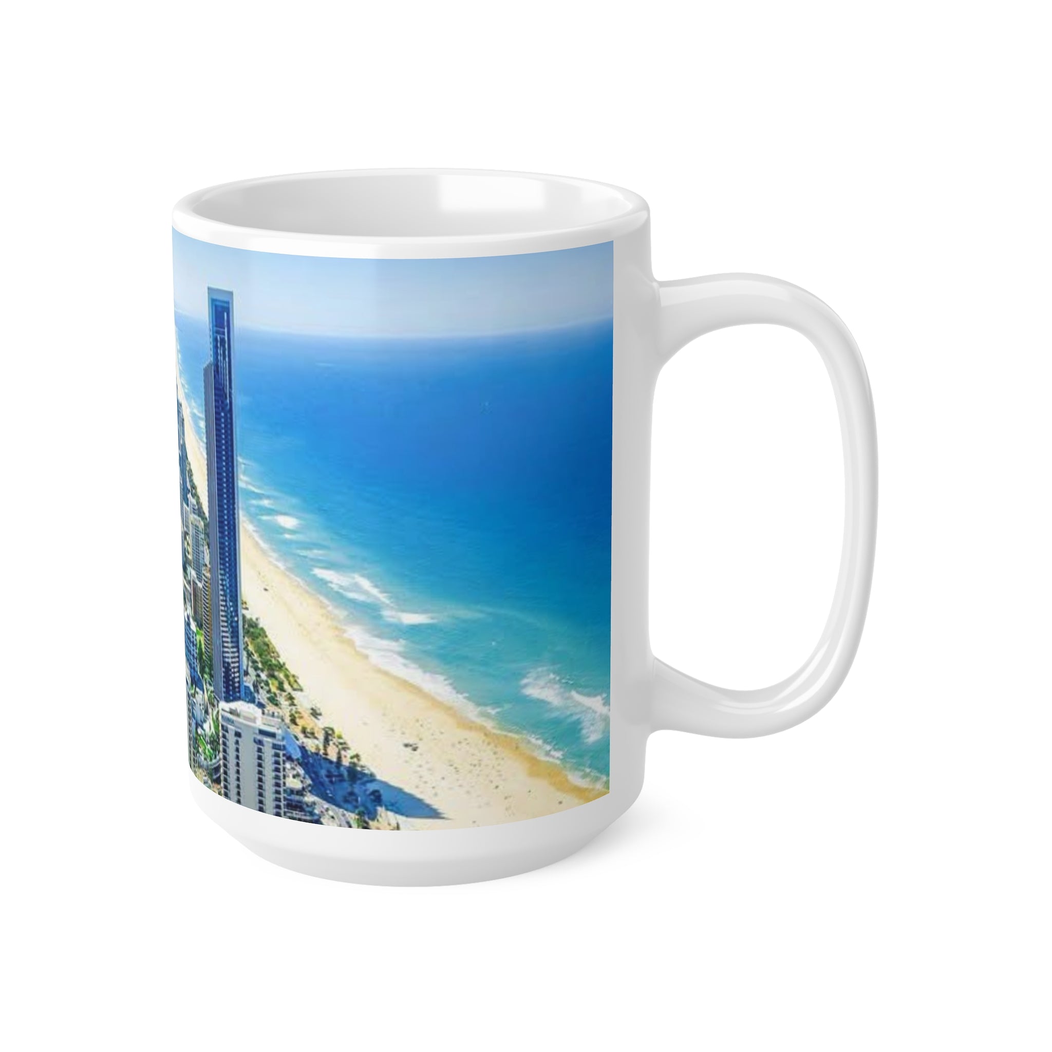 Coastal City Skyline Ceramic Coffee Mug — Aerial Beachfront Cityscape 11oz/15oz