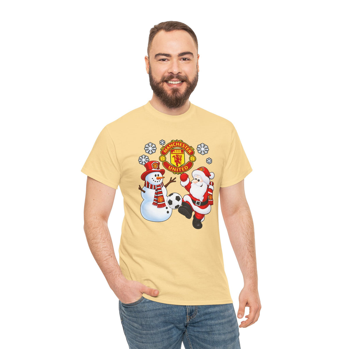 Manchester United Christmas Cotton Tee — Santa & Snowman Football Holiday Shirt