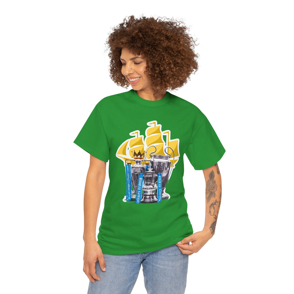Manchester City Champions Trophy Tee – Golden Cups & Blue Scarves Football Fan Shirt