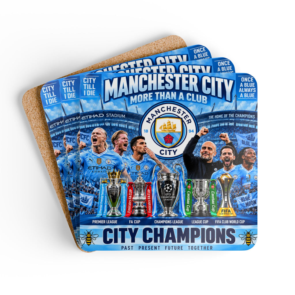 Manchester City Champions Corkwood Coaster Set — City Champions Football Team Drink Coasters