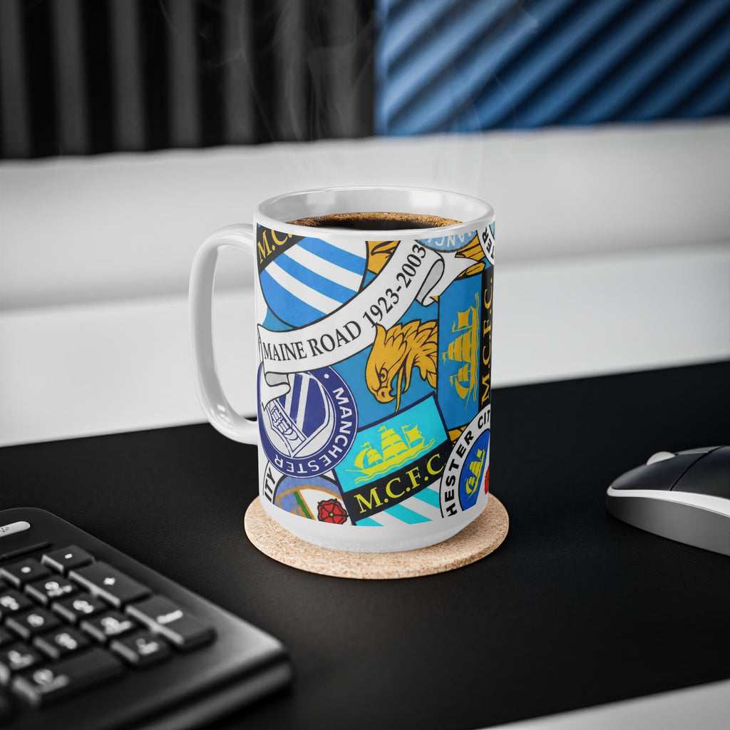 Manchester City Crest Collage Mug — Ceramic Coffee Cup (11oz & 15oz)