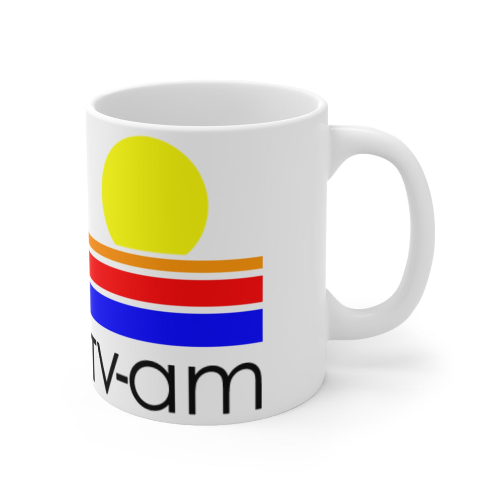 Retro Sunrise TV-AM Ceramic Mug — Vintage 80s Striped Logo Coffee Cup (11oz, 15oz)
