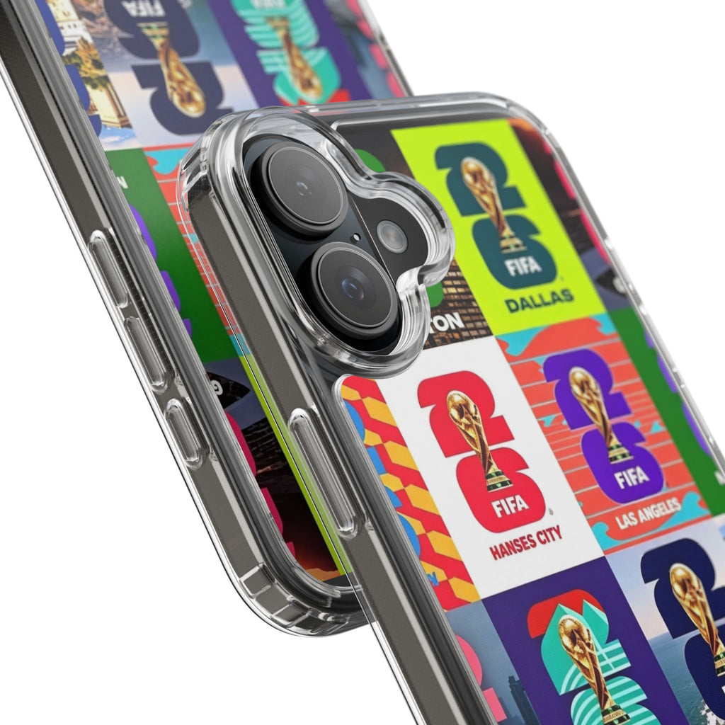 FIFA World Cup Pop Art Clear Phone Case — City Badge Collage (Dallas, LA, Monterrey, Toronto, Seattle)