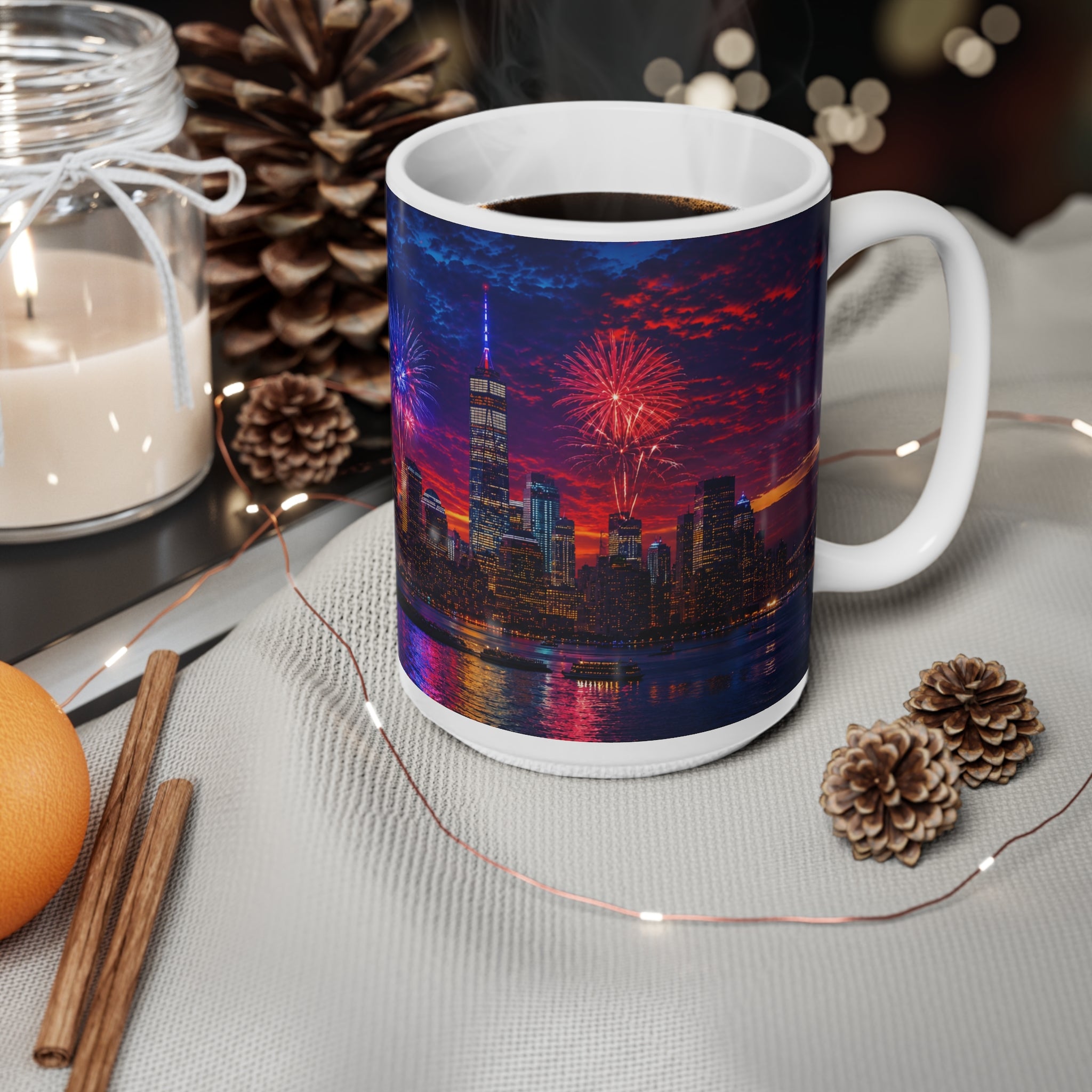 New York City Fireworks Skyline Ceramic Mug — Statue of Liberty 4th of July Coffee Cup (11oz & 15oz)