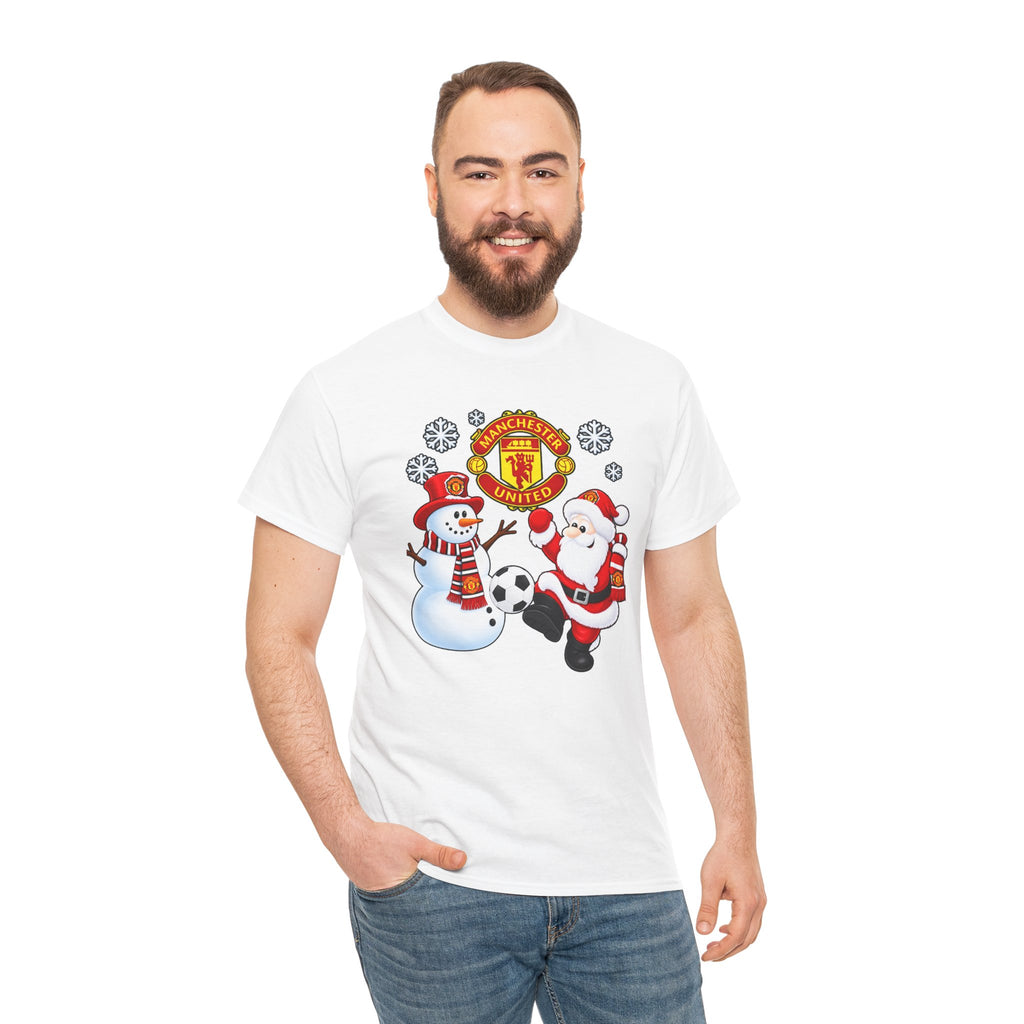 Manchester United Christmas Cotton Tee — Santa & Snowman Football Holiday Shirt