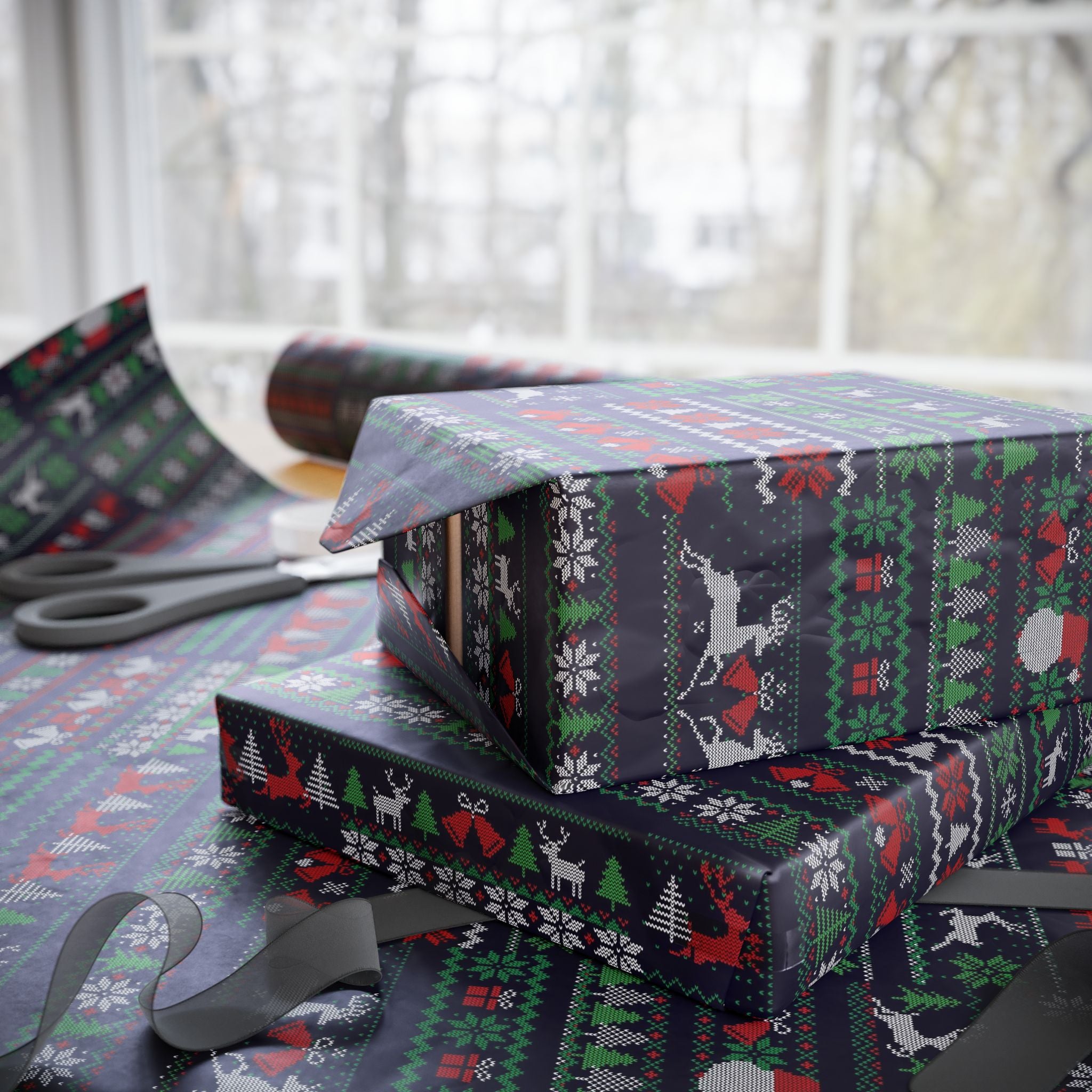 Wrapping Paper - Dark Holiday Fair Isle Reindeer & Snowflake Gift Wrap