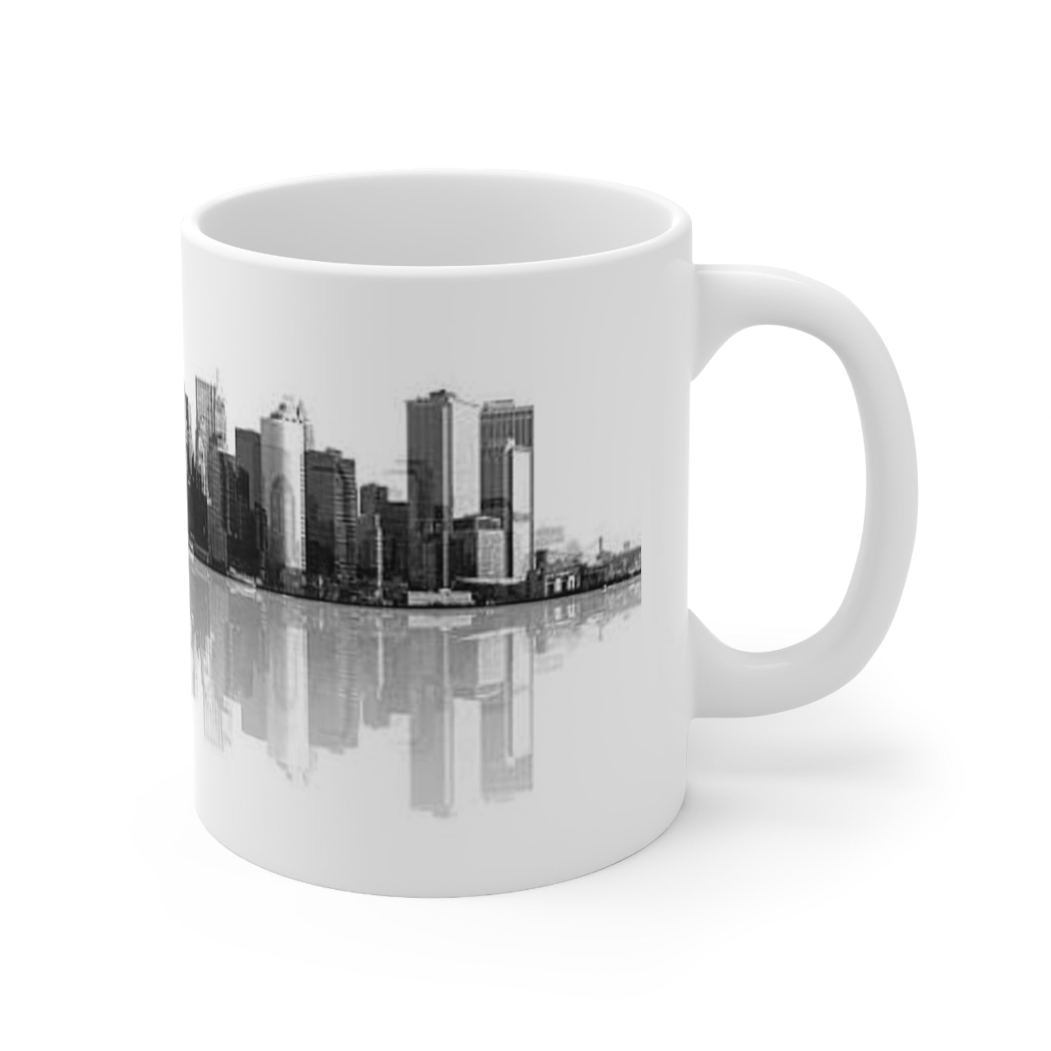 City Skyline Coffee Mug — Black & White Reflective New York Skyline, 11oz/15oz Ceramic