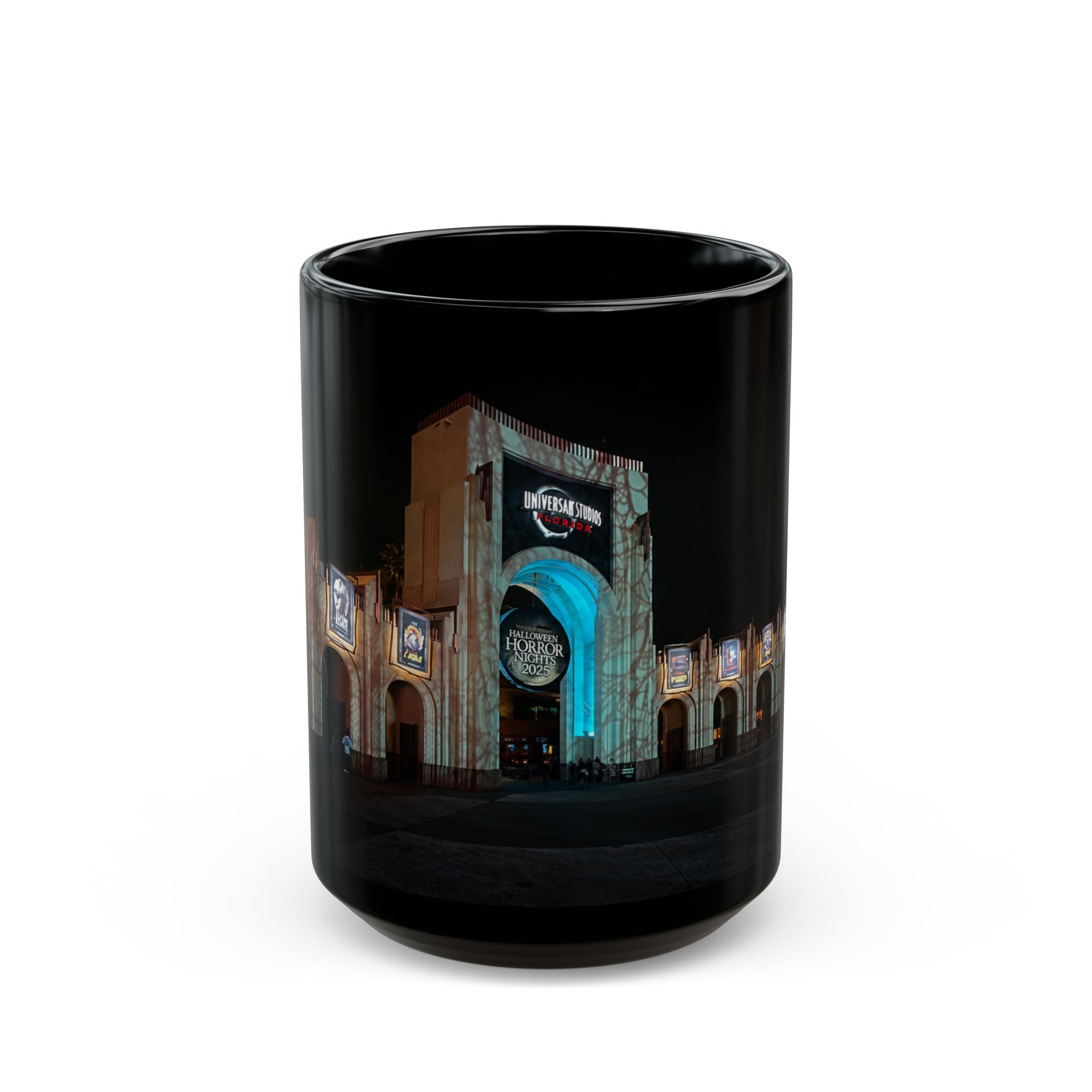 Universal HHN Black Ceramic Mug — Nighttime Theme Park Arch Photo (11oz & 15oz)