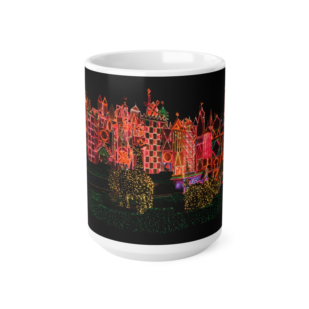 Disneyland It's a Small World Taken at night Ceramic Mug — Festive Neon Christmas Coffee Cup (11oz & 15oz)