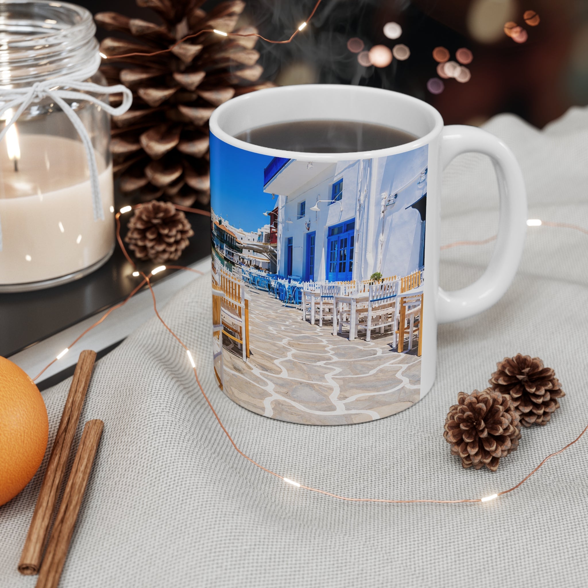 Mediterranean Seaside Photo Mug — Scenic Beach Cafe Ceramic Coffee Cup (11oz, 15oz)
