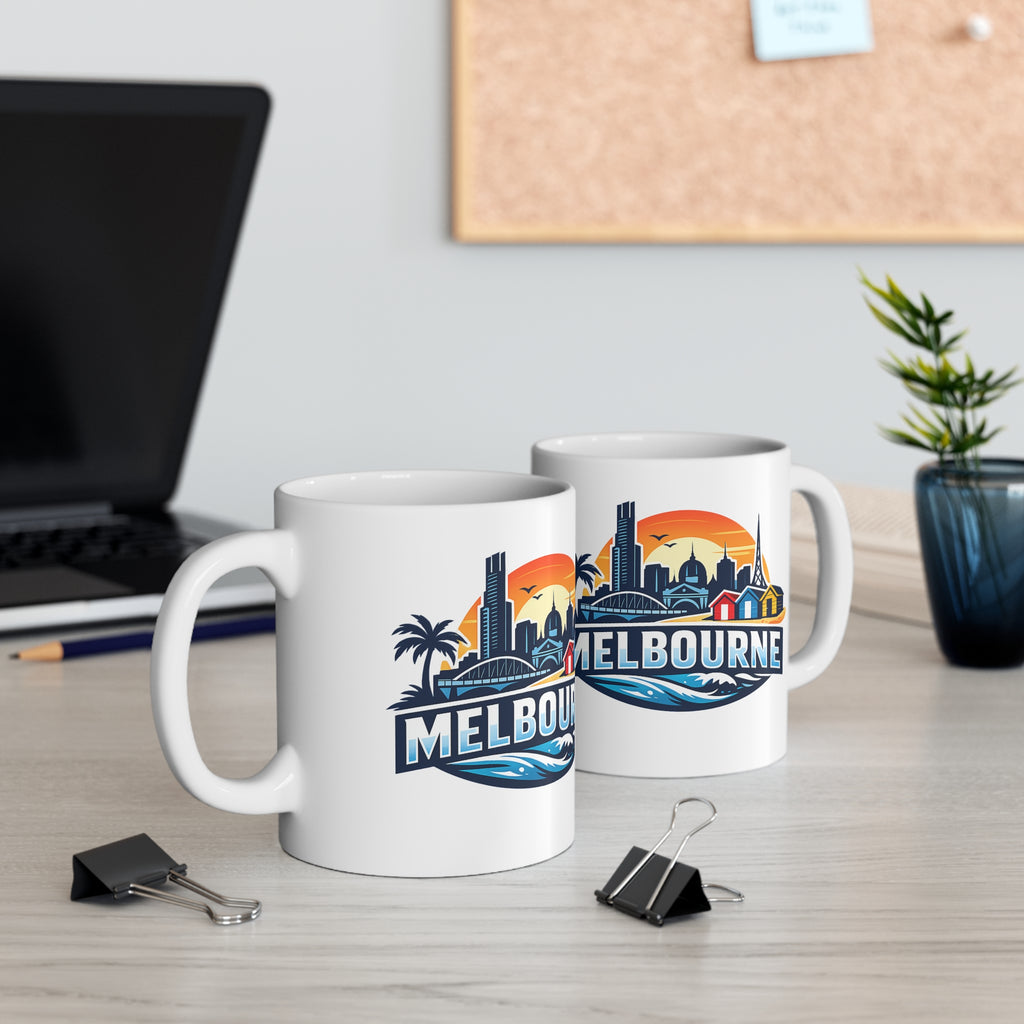 Melbourne Skyline Ceramic Coffee Mug — Retro Beach Cityscape 11oz/15oz