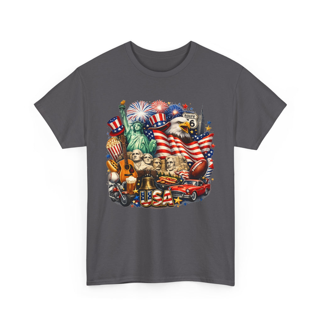 Patriotic USA Graphic Tee – American Flag, Statue of Liberty & Fireworks T-Shirt