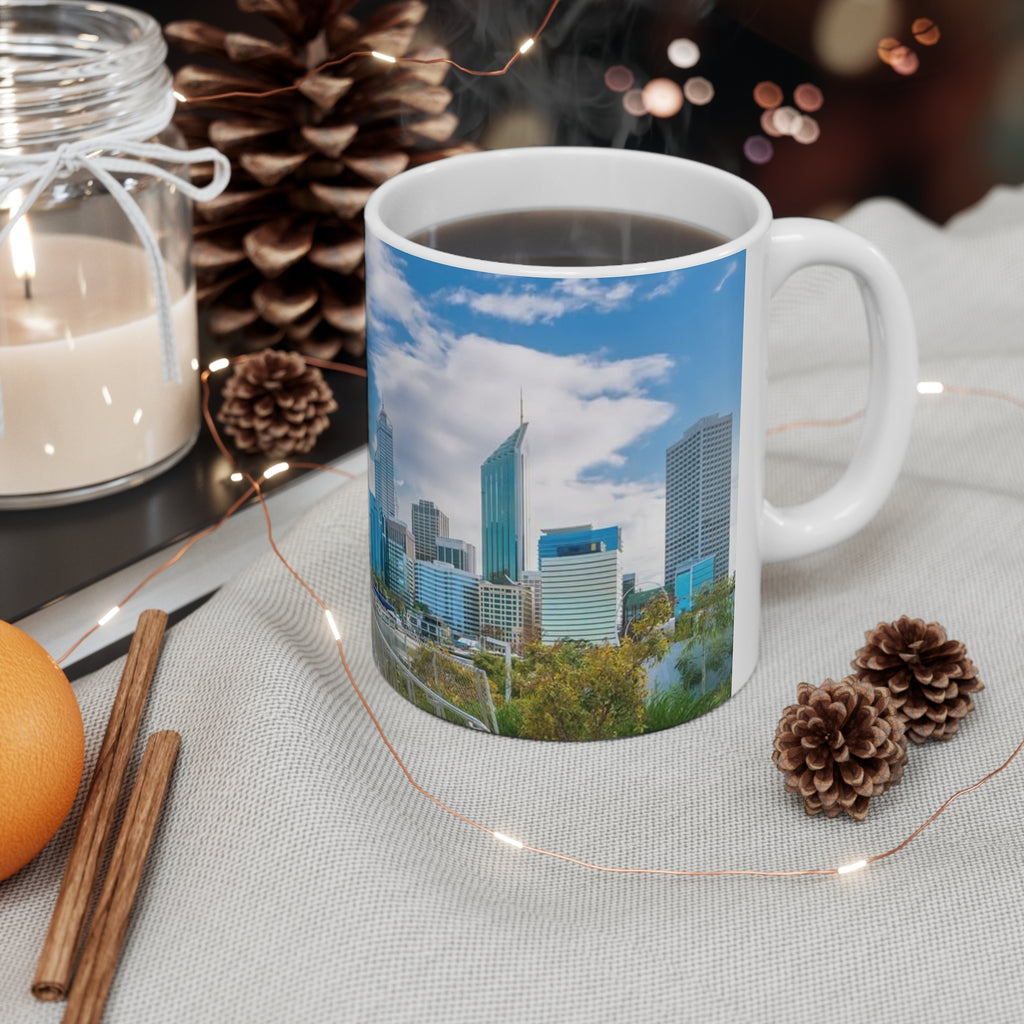 City Skyline Ceramic Mug — Modern Urban Bridge Coffee Cup (11oz & 15oz)