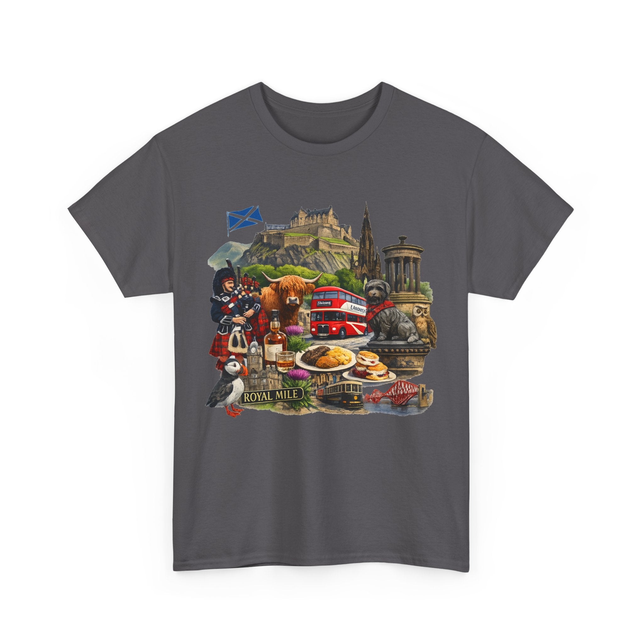 Scotland / Edinburgh Travel Collage T-Shirt — Edinburgh Castle, Bagpipes & Local Icons