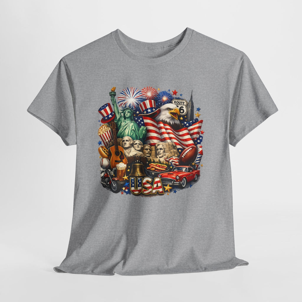 Patriotic USA Graphic Tee – American Flag, Statue of Liberty & Fireworks T-Shirt