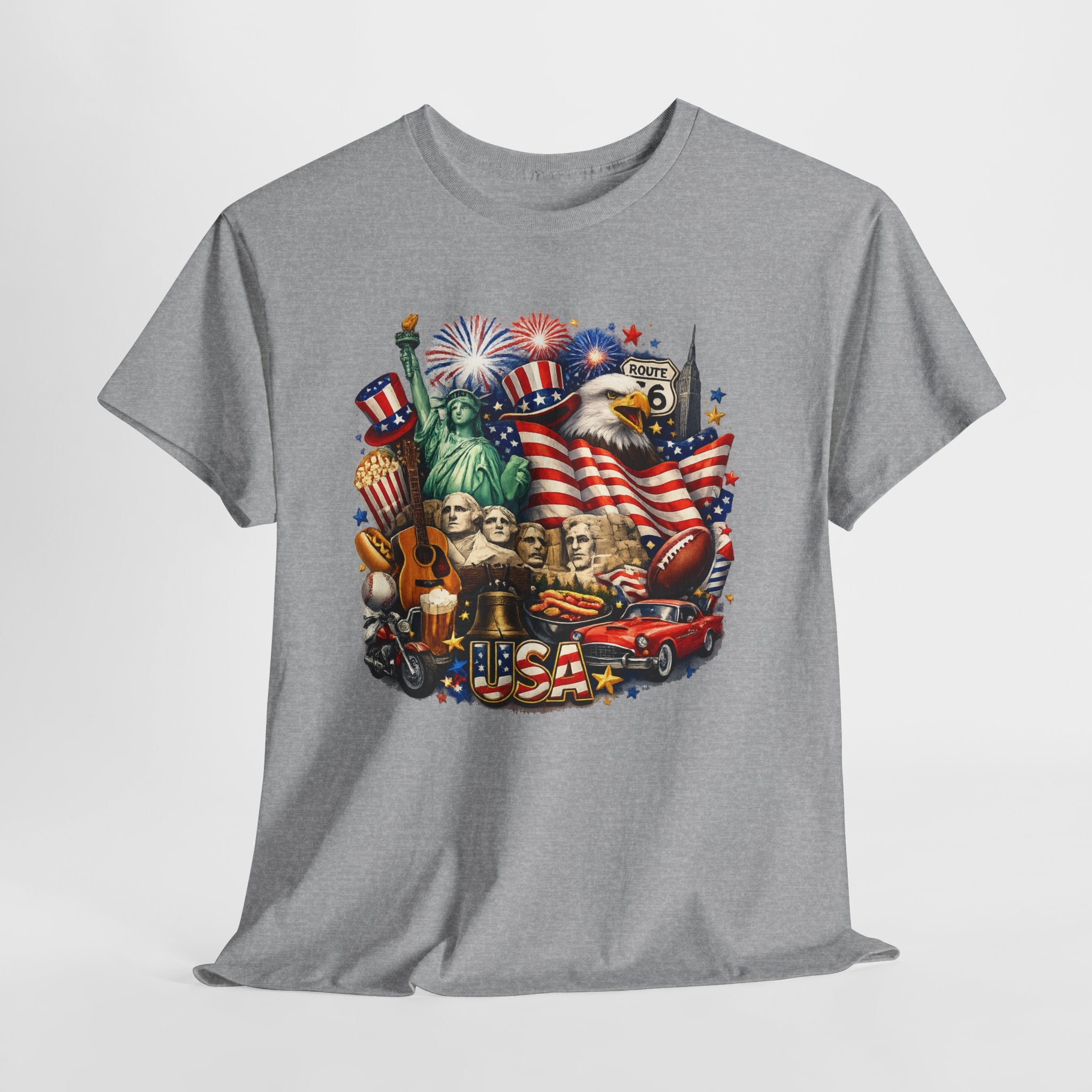 Patriotic USA Graphic Tee – American Flag, Statue of Liberty & Fireworks T-Shirt