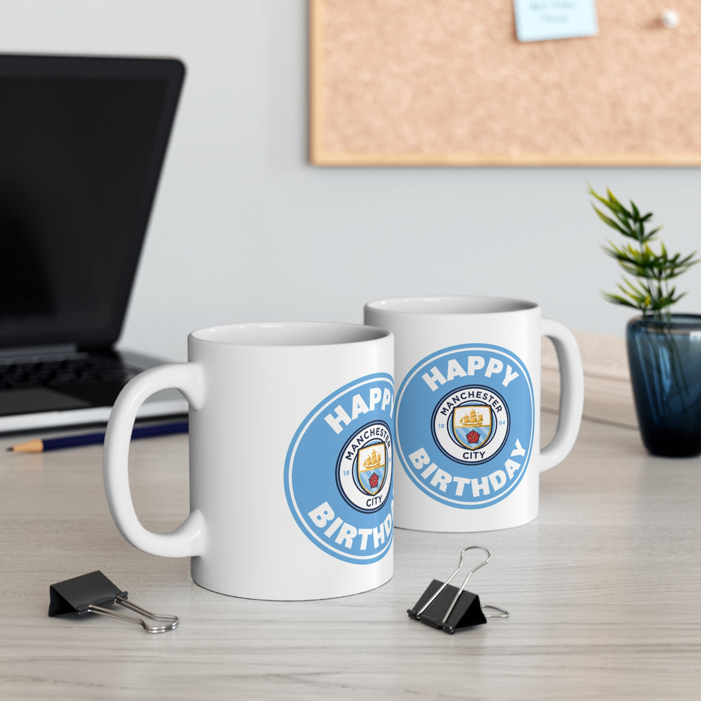 Manchester City Inspired Happy Birthday Football Mug — Manchester City Crest Ceramic Coffee Cup (11oz & 15oz)