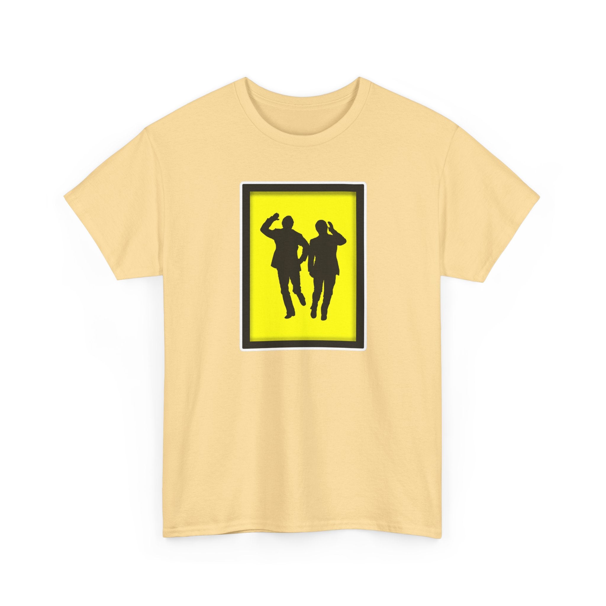 Morecambe and Wise Dancing Silhouette Tee – Retro Yellow Frame Graphic T-Shirt
